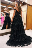 Pretty Off the Shoulder Black Tulle Appliques Off-the-Shoulder Ruffle Long Prom Dress Graduation Dress HZ1121