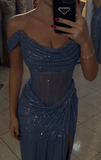 Sparkly Mermaid Off The Shoulder Blue Sequin Long Slit Evening Party Gowns Evening Dress Special Formal Dresses Prom Dress HZ1121