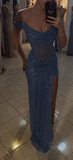 Sparkly Mermaid Off The Shoulder Blue Sequin Long Slit Evening Party Gowns Evening Dress Special Formal Dresses Prom Dress HZ1121