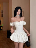 Cute Ball Gown Off The Shoulder White Satin Short Formal 8th Grade Homecoming Dresses Middle School Cocktail Dress Hoco Outfits HZ1121