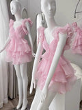 Cute A Line V Neck Chiffon Pink Short Mini Formal 8th Grade Homecoming Dresses Middle School Cocktail Dress Hoco Outfits HZ1121