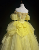 Pretty Ball Gown Square Neck Yellow Tulle Long Floral Quinceanera Dress Formal Gowns Sweet 17 Dresses Vestido De 15 Anos Sweet 16 Dress HZ1121