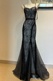 Chic Spaghetti Strap Mermaid Lace Long Prom Dresses, Black Formal Evening Dresses HZ1121