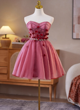 Sweet Strapless A-Line Tulle Short Prom Dresses, Red Homecoming Dresses HZ1121