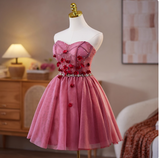 Sweet Strapless A-Line Tulle Short Prom Dresses, Red Homecoming Dresses HZ1121