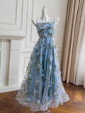 Cute Spaghetti Straps A-Line Tulle Floral Long Prom Dresses, Sky Blue Formal Evening Dresses HZ1121