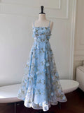 Cute Spaghetti Straps A-Line Tulle Floral Long Prom Dresses, Sky Blue Formal Evening Dresses HZ1121