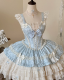 Sweet Strap Short Ball Gown Satin Chiffon Birthday Dresses Blue Lolita Dresses HZ1121