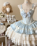 Sweet Strap Short Ball Gown Satin Chiffon Birthday Dresses Blue Lolita Dresses HZ1121