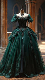 Vintage V-neck Ball Gown Beaded Long Prom Dresses Tulle Dark Green Evening Dresses HZ1121