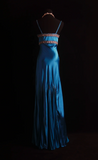Vintage Spaghetti Strap Sheath Long Prom Dresses Beaded Satin Blue Evening Dresses HZ1121
