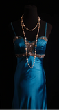Vintage Spaghetti Strap Sheath Long Prom Dresses Beaded Satin Blue Evening Dresses HZ1121