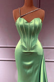 Chic One Shoulder Mermaid Long Prom Dresses Satin Green Evening Dresses HZ1121