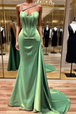 Chic One Shoulder Mermaid Long Prom Dresses Satin Green Evening Dresses HZ1121