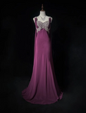 Vintage Strap Sheath Long Prom Dresses Elegant Rhinestone Chiffon Grape Evening Dresses HZ1121