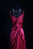 Vintage V-neck Sheath Long Prom Dresses Satin Hot Pink Evening Dresses HZ1121