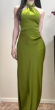 Chic Halter Sheath Long Prom Dresses Satin Olive Green Evening Dresses Sleeveless Formal Dresses HZ1121
