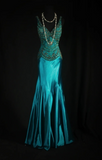 Vintage V-neck Sheath Blue Long Prom Dresses Satin Beaded Blue Evening Dresses HZ1121