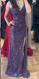 Chic Sheath Purple Long Prom Dresses with Slits Sequin Purple Wedding Guest Dresses HZ1121