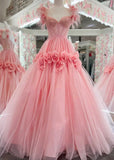 A-Line Off the Shoulder Lace Tulle Long Prom Dress, Sweet 16 Dress HZ1024