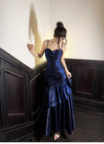 Elegant Mermaid Spaghetti Straps Blue Satin Long Prom Dresses Party Dress 21st Birthday Outfits Graduation Dresses HZ1121