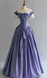 Blue Palace Style Satin A-Line Long Prom Dresses Formal Off-the-shoulder Evening Gowns HZ1024