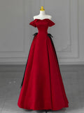Off Shoulder Satin Burgundy Long Prom Dress, Burgundy Long Formal Dress HZ1024