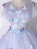 Round Neck Tulle Lace Purple Long Prom Dress, Purple Formal Dress HZ1024