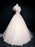 round neck tulle lace long prom dress, pink sweet 16 dress HZ1024