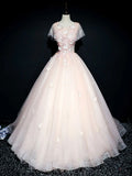 round neck tulle lace long prom dress, pink sweet 16 dress HZ1024