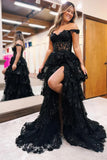 Pretty Off the Shoulder Black Tulle Appliques Off-the-Shoulder Ruffle Long Prom Dress Graduation Dress HZ1121