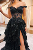 Pretty Off the Shoulder Black Tulle Appliques Off-the-Shoulder Ruffle Long Prom Dress Graduation Dress HZ1121